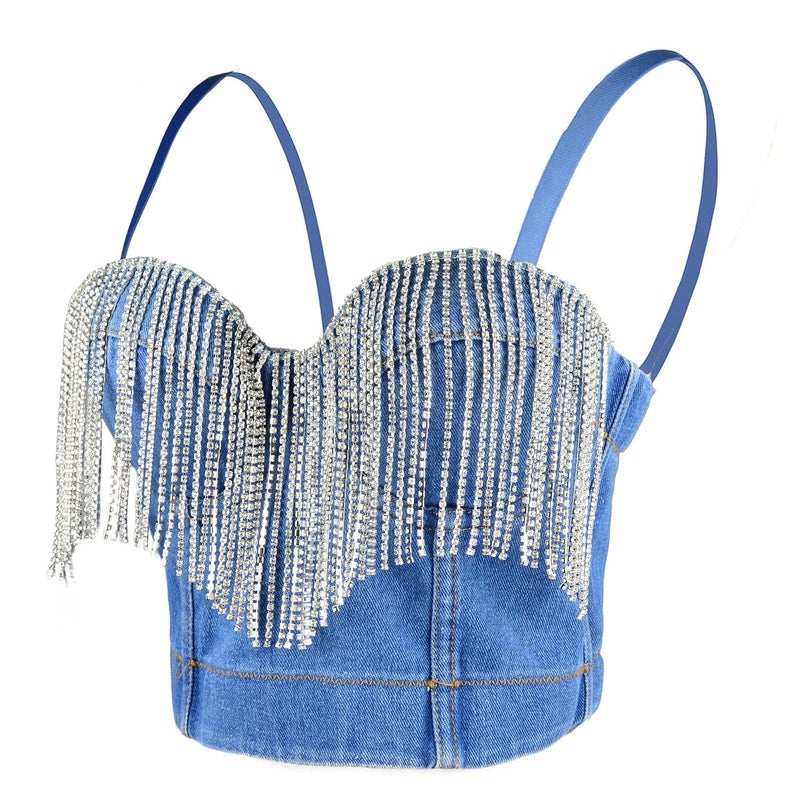 ELLACCI Women's Tassel Rhinestone Denim Bustier Crop Top Jean Corset Top Bra Blue Small - Image 1